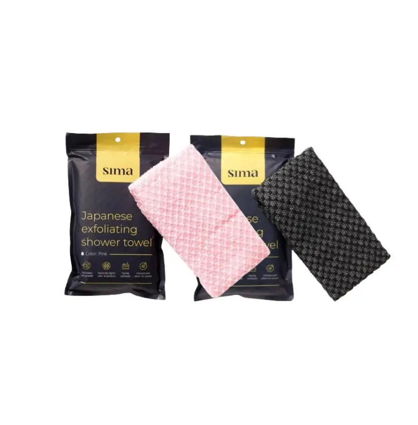 Sima Japanese Exfoliating Shower Towel & Back Scrubber Unisex Body Care Set Duo - 2-Piece Anti Microbial Bath Towels, Black & Pink, Silver Ion Deep Clean, Smooth Texture, Special Adult Bundle Price, 47 In, Detoxifying, Smoothing, Hexagon, Deep Lather Clea