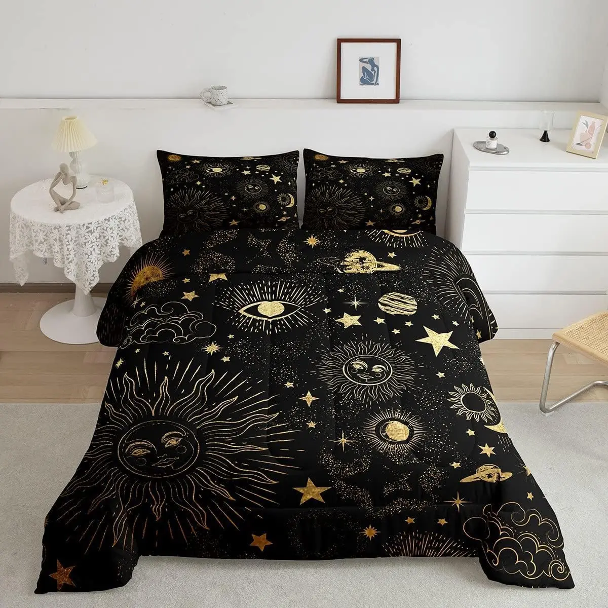 Feelyou Comfy Bedding Set - Breathable Microfiber Duvet & Blanket Set with Quilted Insert, Moon, Starry Sky, Cosmic Planets, Sun Face Print for Kids, Comfy Bedding Sets