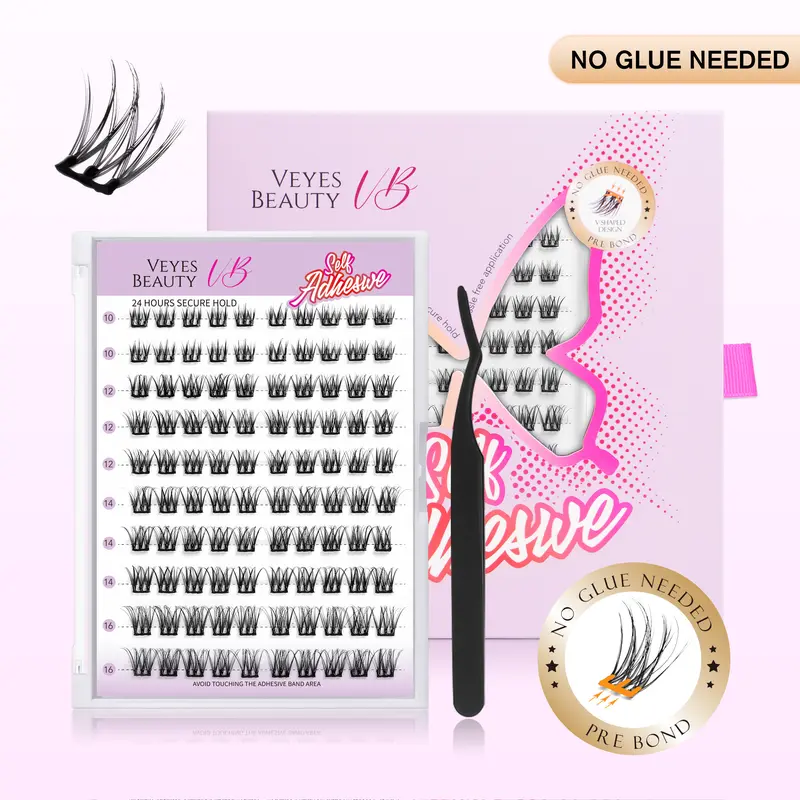 VEYESBEAUTY Self-Adhesive PBT Fibers Lash Clusters - Soft Trio Upgraded Band, Pre-Glued, 10-16mm Mixed Length Large Tray, Natural Elegant Wispy Look, Longer Looking Eyelashes, Home Use Self Application, False Eyelashes & Adhesives Makeup Cosmetic