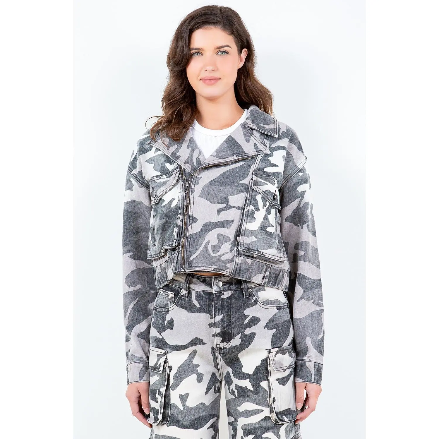 American Bazi Full Size Camouflage Zip Up Cropped Rider Jacket Plus Size