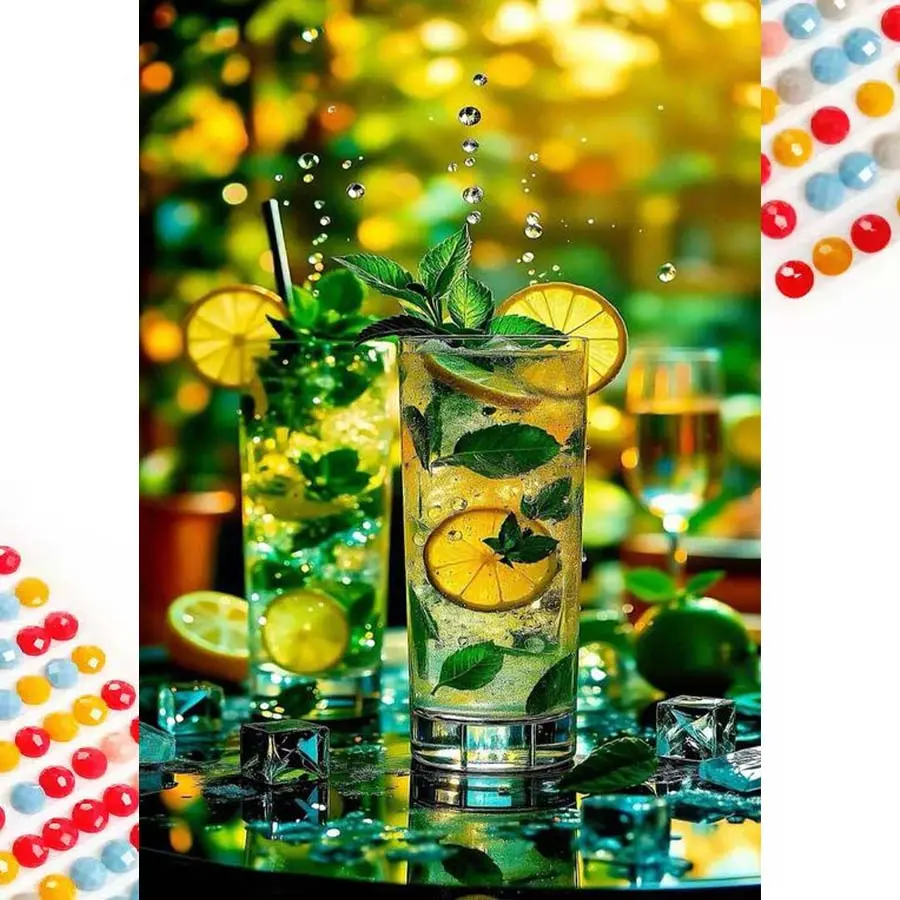 5D DIY Full Diamond Round Diamond Painting - Diamond Art Painting Kit Lemon Mint Drink Mosaic, Canvas - DIY Decorative Painting, Home Wall Decor, Perfect for Halloween and Christmas, Independence Day, Birthdays, and Anniversary Gifts.