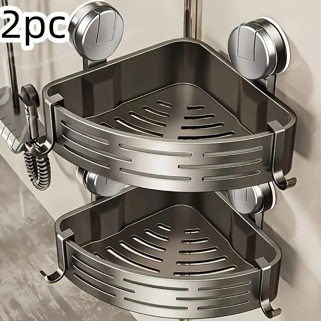 2-Pack Grey Corner Shower Caddy - Suction Cup No-Drill, Adhesive Storage Solution with Towel Rack, Bathroom Organizing Accessories, Bathroom Organizer Supplies, Bathroom Accessory