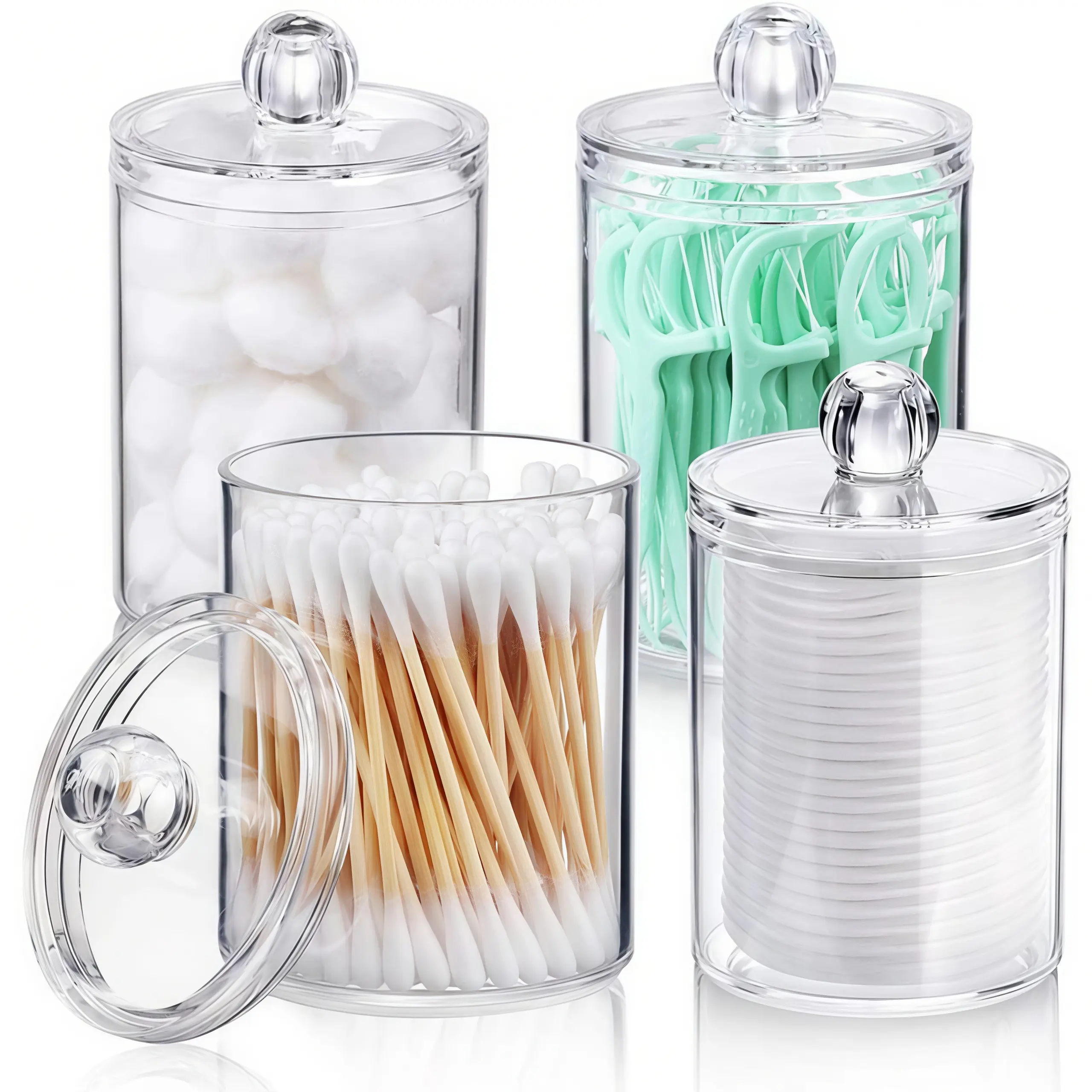 LMMAKE 4PCS Transparent Apothecary Canister Jar Set, 10oz Capacity Plastic Qtip Holders with Airtight Secure Closure Lids, Bathroom Vanity Organizer for Small Items (Cotton Swabs, Balls, Pads, Floss Picks)