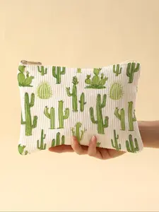 Cactus Print Corduroy Makeup Bag, Lightweight Zipper Lined Travel Makeup Pouch, Multifunctional Beauty Organizer for Toiletries and Accessories, Travel Cosmetic Bag, Beauty Storage Pouch