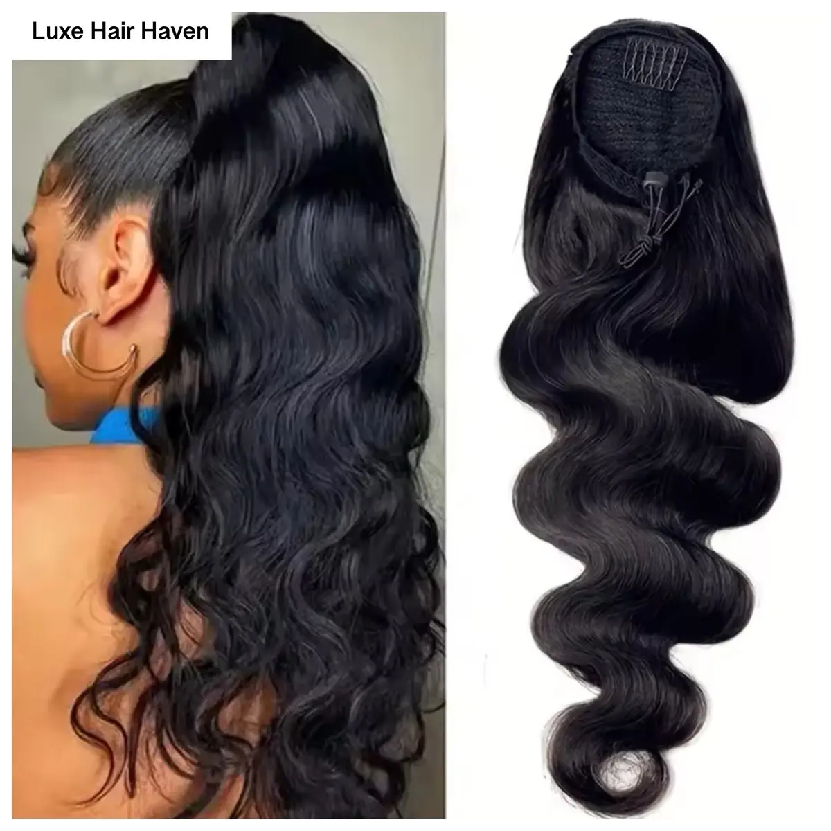 LHH Bodywave Drawstring Ponytail Hair Extensions 100% Real Human Hair Brazilian Remy Natural Color