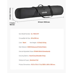 VEVOR Snowboard Bag, Up to 65 in/165 cm, Padded Skis Snowboards Bag for Air Travel, 600D Waterproof Oxford Fabric, with Adjustable Inner Straps, for Skis Poles Goggles Gloves Helmet Boots (Black)