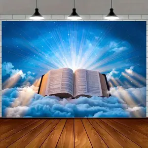 Summervibes 1pc 2D Flat Heavenly Book Backdrop Picture - Polyester Wall Hanging Backdrop for Church Religious Celebrations, Photo Booth Props - Serene Spiritual Room Decor with Divine Light & Clouds,summervibes