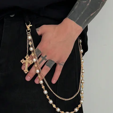 Retro Imitation Pearl Fringe Cross Pants Chain, Faux Pearl Men's Hip Hop Unique Body Chain Accessory for Pants Decoration, Stylish Accessories for Fashion Statement, Vintage Body Jewelry, Punk Jewelry, Tassel Cross, Unique Detailing, Bling Chain