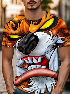 Fun Cartoon Tiger Totem Short Sleeve Shirt Fitted, High Saturation Visual Print, Comfortable Versatile, Streetwear, Theme Photo, Weekend Casual, Holiday Gift