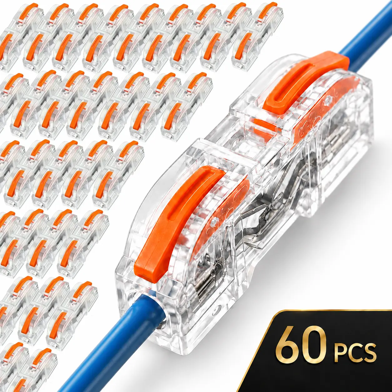 Transparent Lever Lock Wire Connectors, 60-Piece 2-Port Tool-Free Bulk Pack with Safe & Secure Grip, LED Compatible for DIY Users’ Household Repairs, Car Wiring Fixes