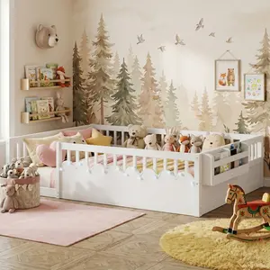 Eyisean Montessori Floor Bed with High Rails & Storage Shelf, Twin/Full Size Wooden Floor Bed Frame with LED Light, Safe Wider Opening Gate Design, Multi-Function Sleep & Playground for Girls Boys