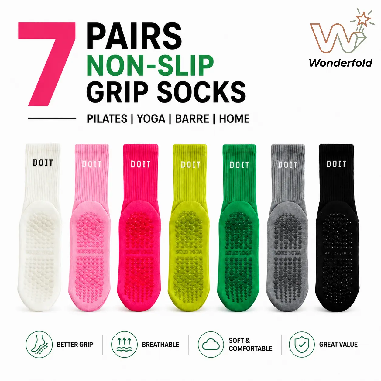WonderFold Women's 7-Pack Non-Slip Grip Polyester Blend Breathable All Seasons Athletic Crew Socks, for Female Adults' Yoga/Pilates, 1 Size Fits Workout/Home Use