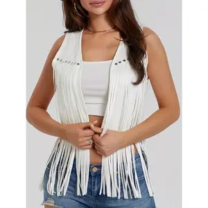 Solid-color polyester tassel women’s sleeveless cardigan vest with a round neckline, lightweight woven hippie jacket, suitable for streetwear and perfect for adult styles in spring, summer, autumn, and winter.
