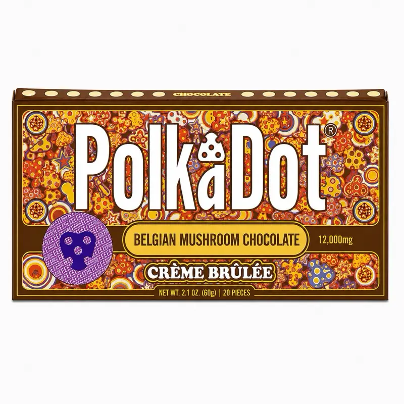 Polkadot Belgian Chocolate, Creme Brulee, 20 Count, High Potency Plant-based Mushroom Snack, 100% Organic, High-Quality Ingredients, Made in USA, All Natural, Healthy Chocolate, 20 Piece Chocolate Bar
