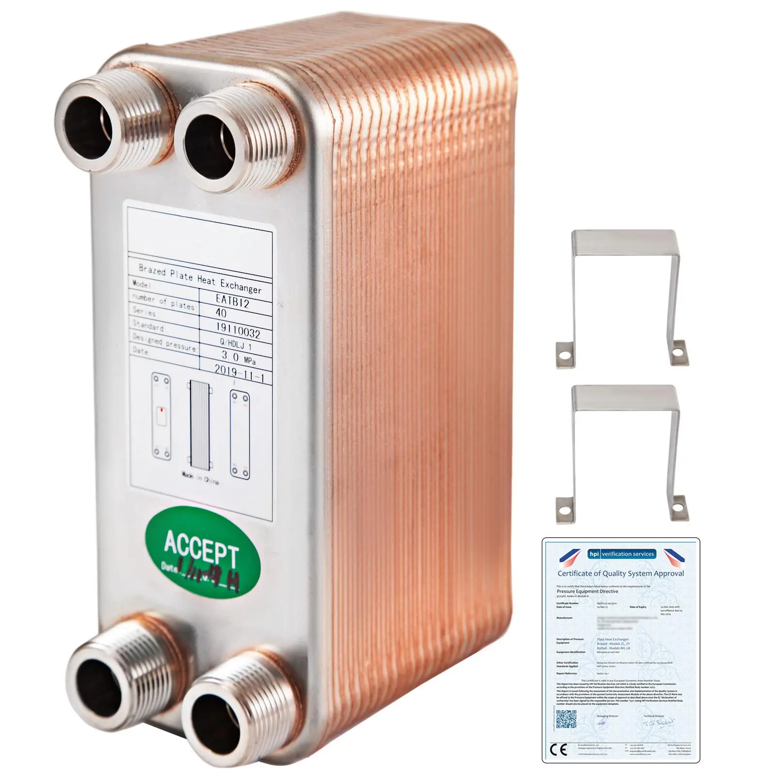【Super Brand Day】VEVOR Heat Exchanger 3\"x7.5\" 40 Plates Brazed Plate Heat Exchanger 316L 3/4\" MPT Heat Exchanger B3-12A Beer Wort Chiller for Hydronic Heating,DEALS FOR YOU