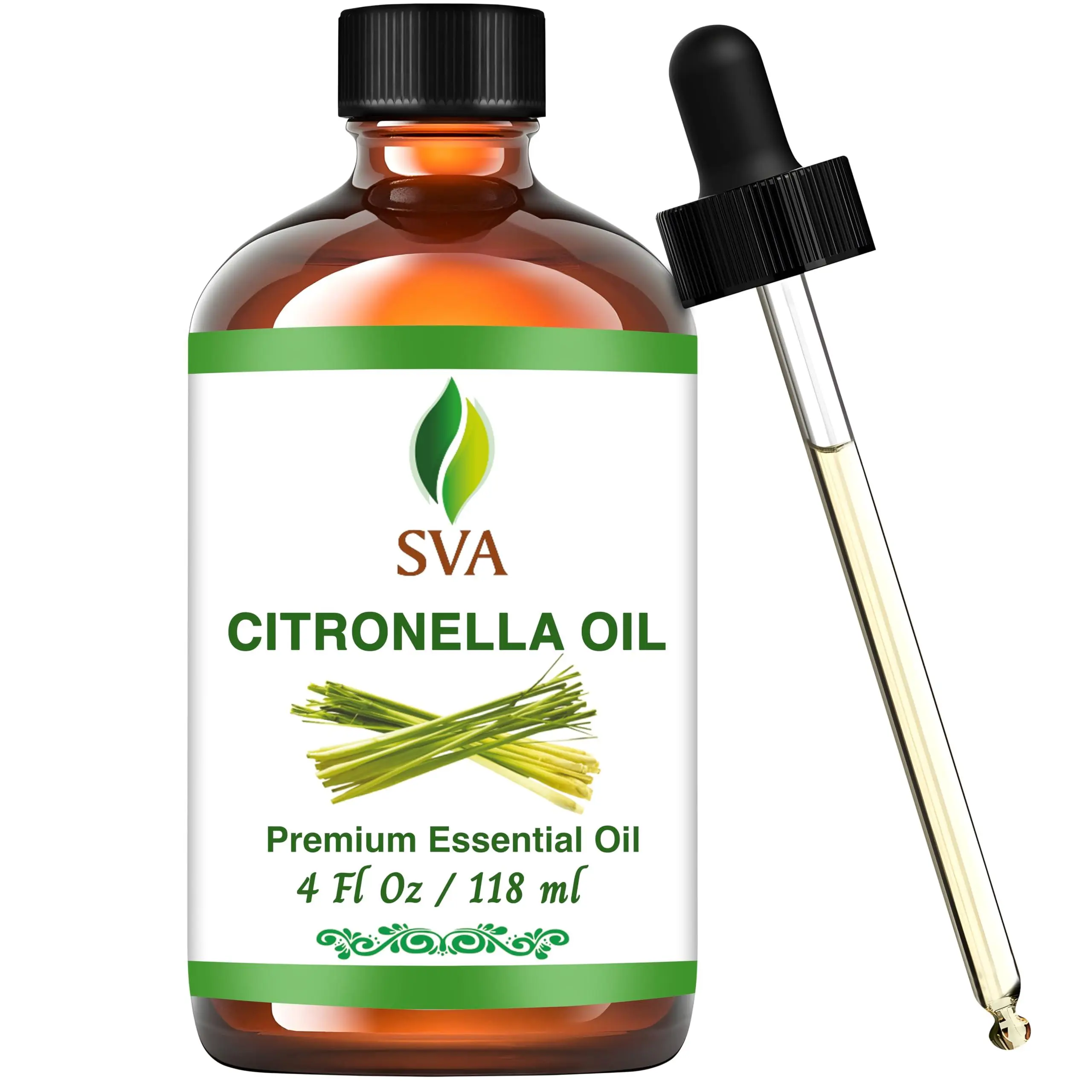 SVA 100% Natural Concentrated Citronella Essential Oil - 4 Fl Oz Bottle with Dropper, Therapeutic Scent for Diffuser for Home, Home Spa, Skin Care, Customize Candles (24-Month Shelf Life)