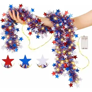 4th of July Garland Decorations, 33Ft Glitter Tinsel Patriotic Decor for Tree  Golf Cart Parade Float  Party Table Yard Door Boat Indoor Outdoor Holiday