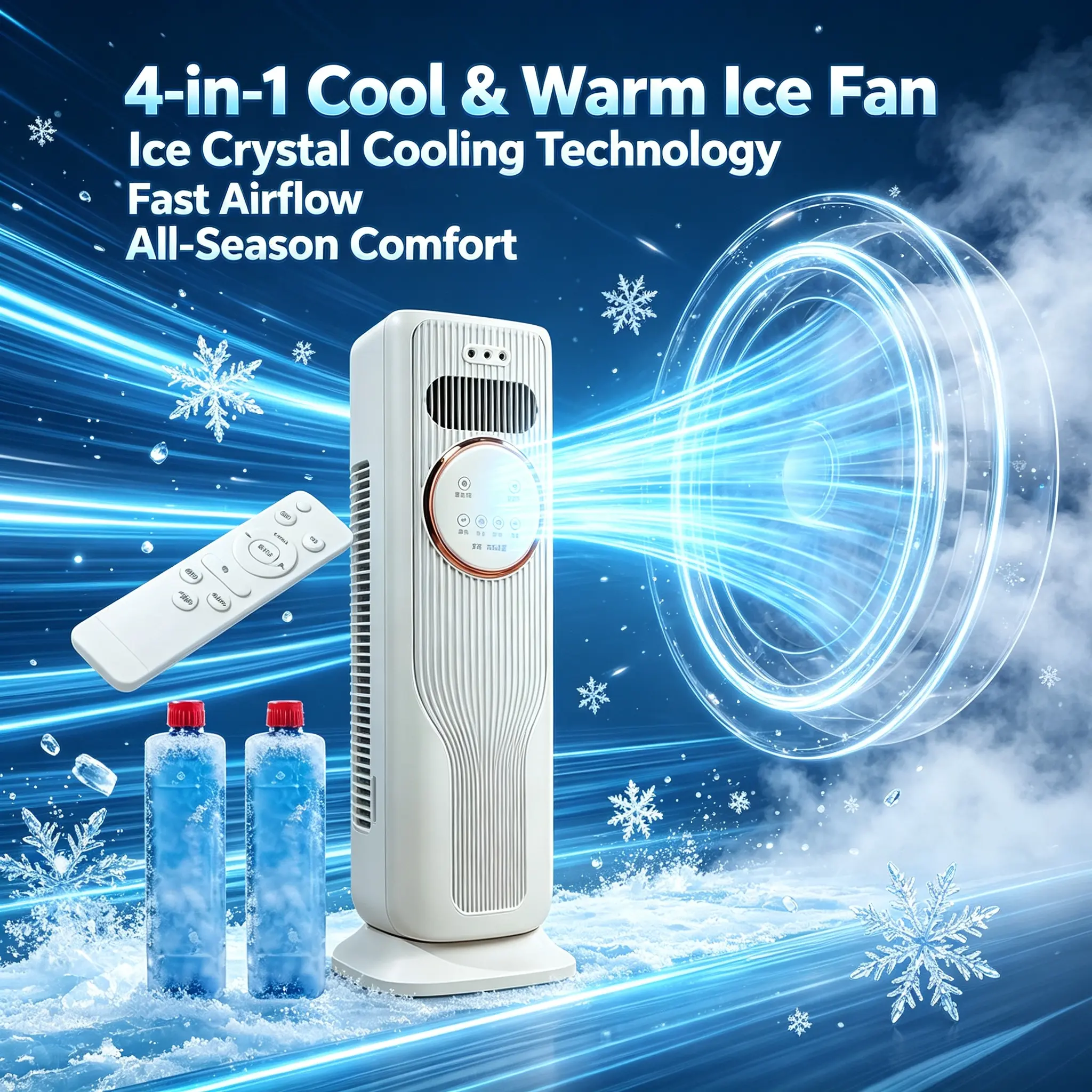 Floor Standing Mobile Refrigeration Air Conditioner, 50W High Efficiency 4-in-1 Bladeless Ice Crystal Cooler, Rapid Cooling, Air Purification & Hydrating Mist, Low Noise for Bedrooms, Dorms & Offices