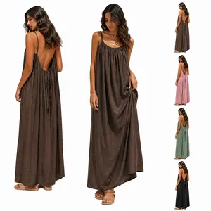 Women’s Solid Color Cami Lounge Dress, Sleeveless Backless Maxi Dress for Summer Sleepwear and Home Wear