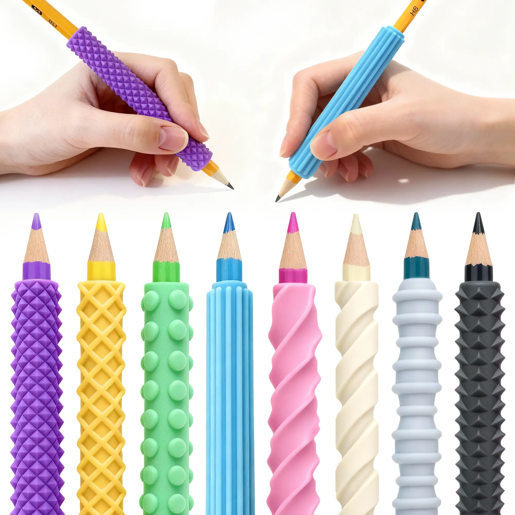 Mibbyland 8-Pack Silicone Textured Sensory Fidget Pencil Grips - Quiet Stress Relief Teaching Tools, Arthritis Support, ADHD Aid, Handwriting Aid, Fine Motor Skills Boost (Classroom Use, Back to School Haul, Halloween), Mechanical Pencils