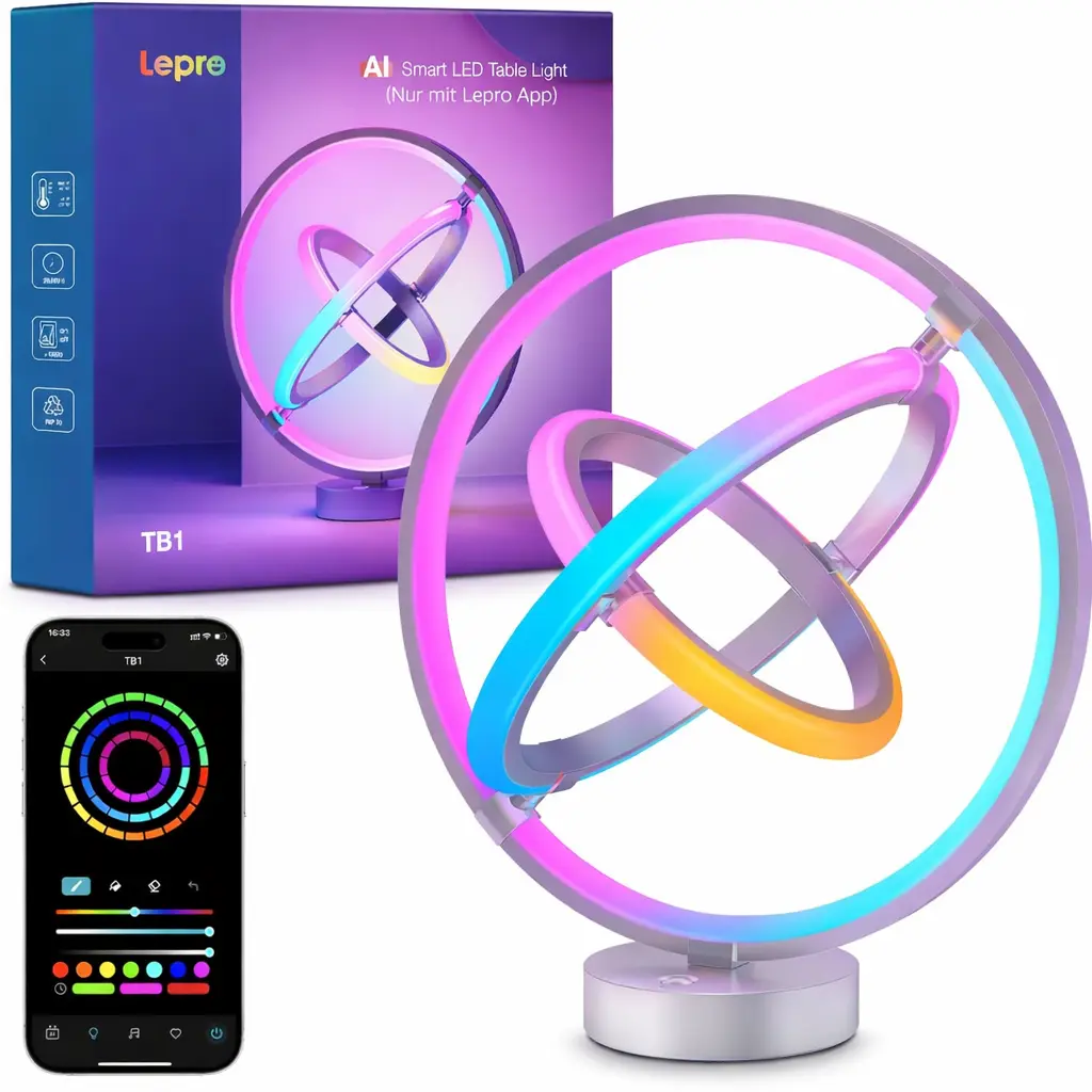 LEPRO TB1 Intelligent Table Lamp - RGB+IC Addressable Colorful LED Atmosphere Lights, Alexa & Google Enabled, Music Sync, 1%-100% Adjustable Brightness Light, 2.4 GHz APP Control (No Remote), Room Tech Gadgets for Game Room, Bedroom, Colorful Led Lights