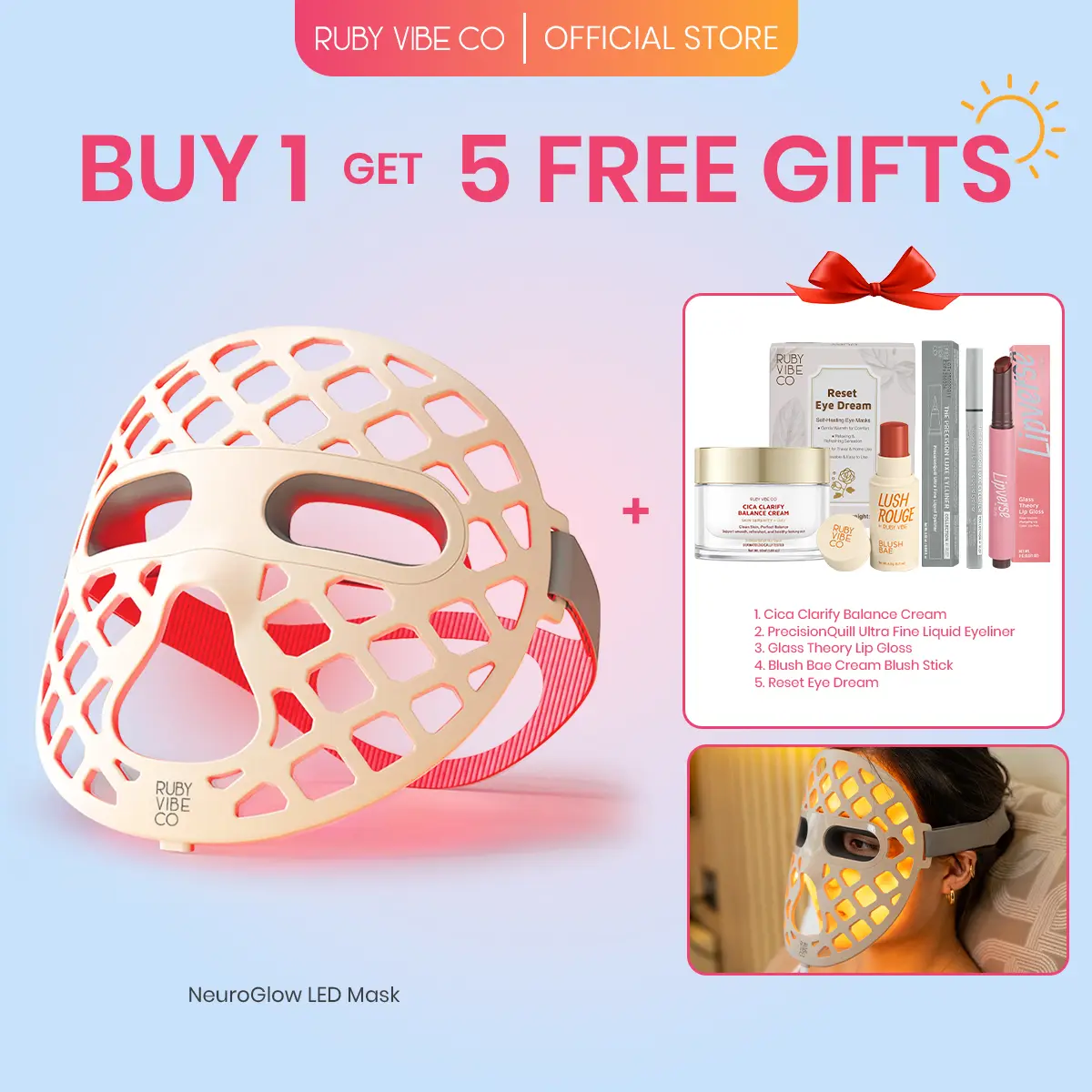 RUBY VIBE CO NeuroGlow LED Face Mask, Light Therapy Silicone Facial Mask,Portable Rechargeable Facial Beauty Device with Adjustable Straps, Multiple Light Modes, Light Technology for Skin Appearance Enhancement