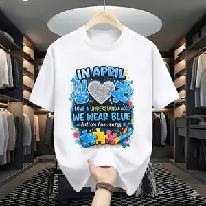 Autism Awareness Month T-Shirt - In April We Wear Blue Graphic Tee, Puzzle Piece Ribbon Casual Shirt, Women's Supporter Top Breathable Statement