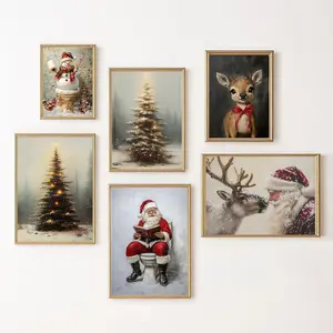 Vintage Christmas Tree Canvas Wall Art, Light Up Christmas Tree Painting Poster, Muted Neutral Moody Rustic Winter Picture Prints for Wall Decor