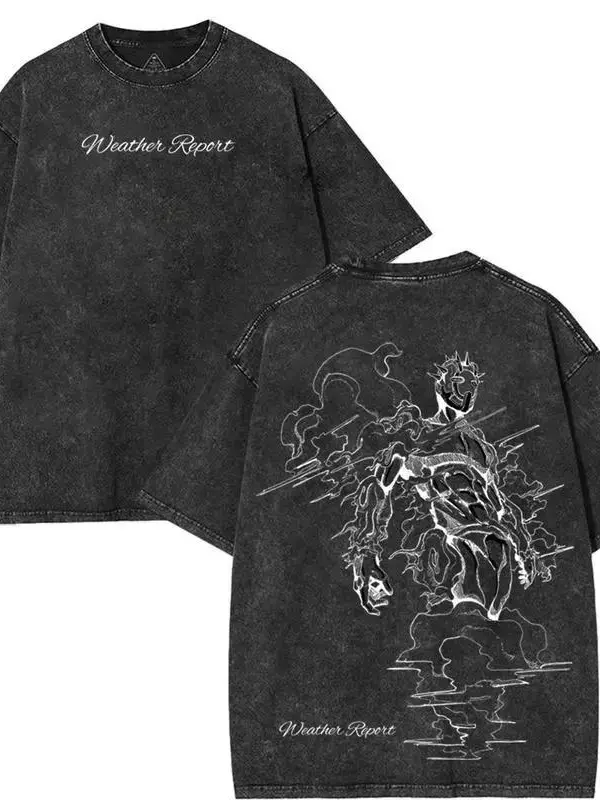 Men's JoJo's Bizarre Adventure Weather Report Graphic Print Short Sleeve Tee - Retro Vintage Washed Heavy Cotton, Casual Draped Oversized Baggy Round Neck, Anime Fan Flex Streetwear Top (Pairs with Jeans)
