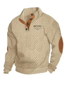 Men's Outdoor Letter Solid Color Jacquard Hoodie, Quarter Button Long Sleeve Stand Collar Polo Pullover, Winter Casual Wear, Polyester Fiber Material