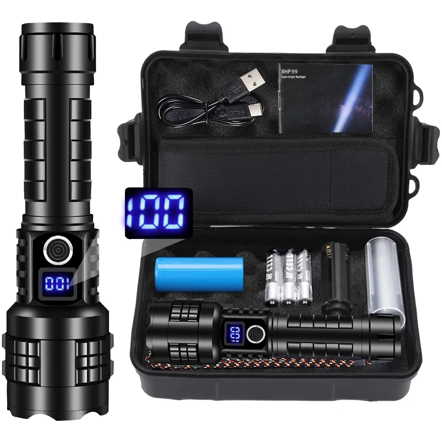 USB Rechargeable Ultra Bright P70 Digital Flashlight, Outdoor Long Range Aluminum Alloy Zoom Torch, Powerful Waterproof Design Handheld Lantern