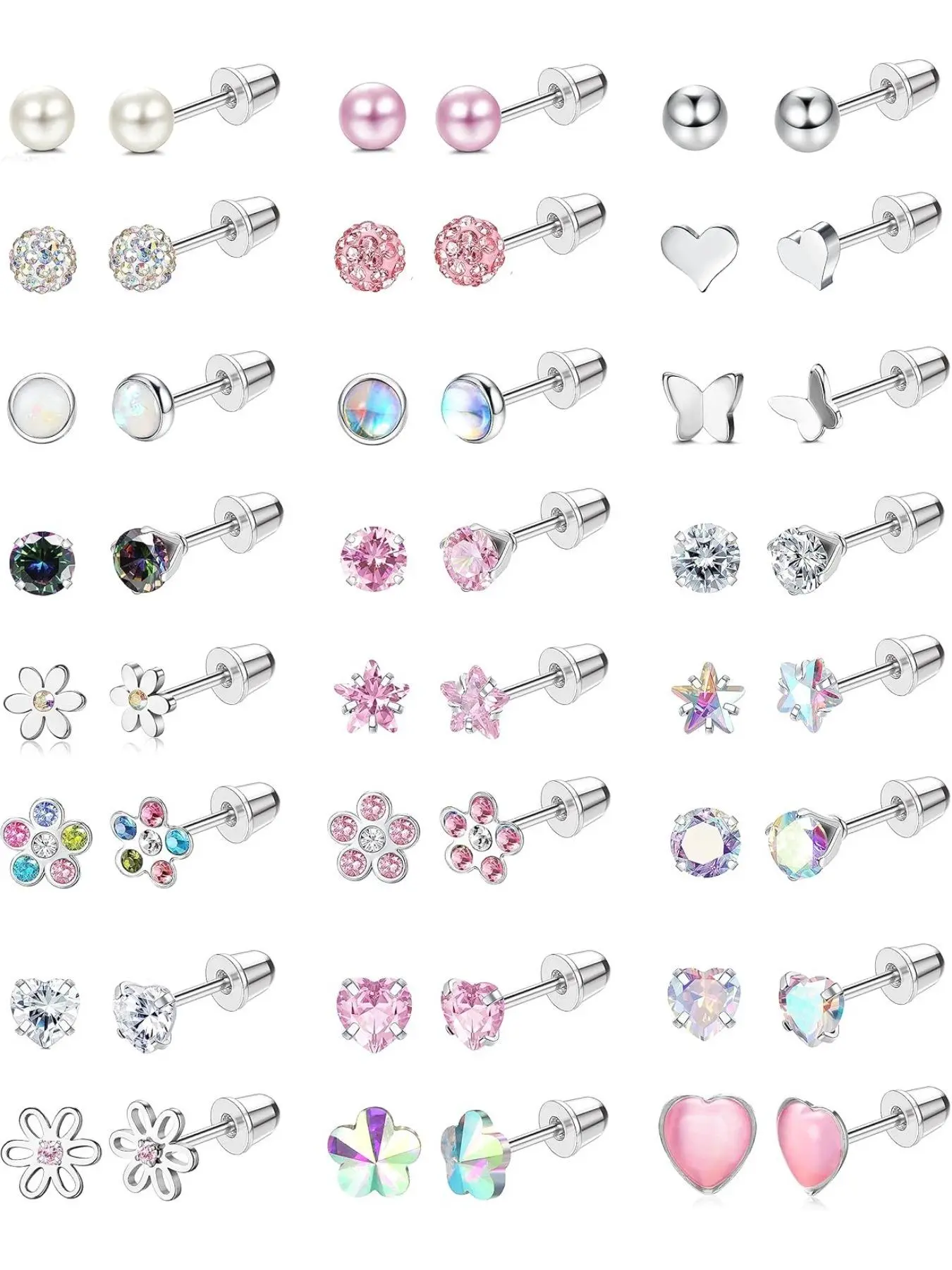 Mother's Day Gift 24 Pairs Hypoallergenic Post Earrings for Girls Women, Surgical Steel Screw Back Earrings, Cute Tiny 4mm Flat Back Stud Set for Kids Age 3+, Hypoallergenic Jewelry