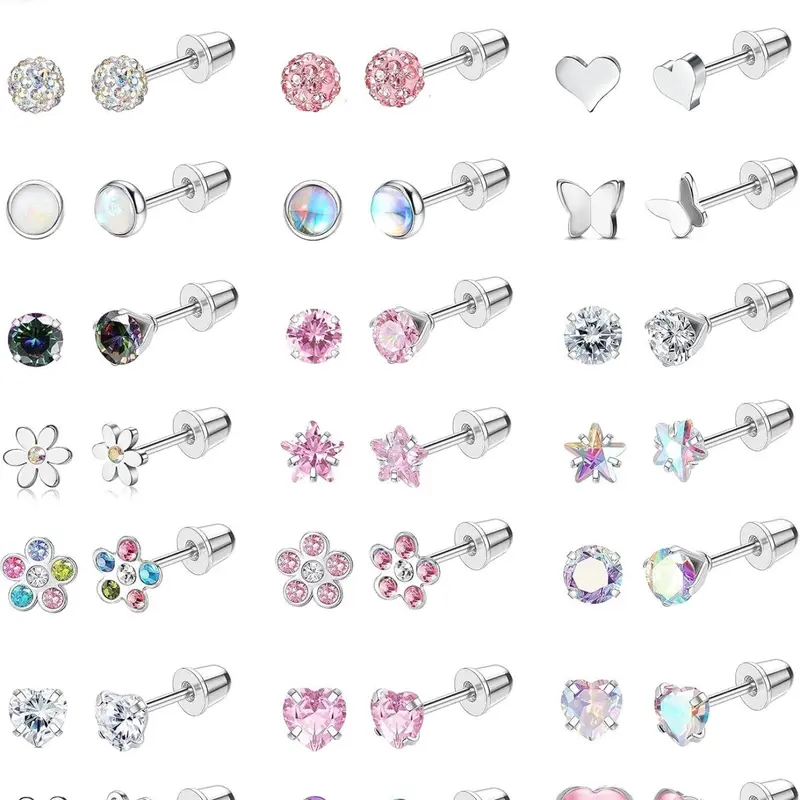 24 Pairs Hypoallergenic Post Earrings for Girls and Women, Surgical Steel Screw Back Earrings, Cute Tiny 4mm Flat Back Stud Set for Kids Age 3+, Hypoallergenic Jewelry, Mother's Day Gift, Earrings with Flat Backs
