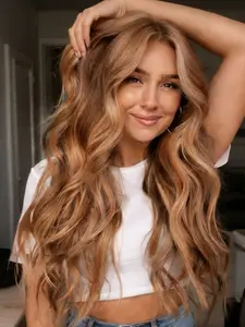 MACA BAKA Lila Caramel Brown Blonde Highlight Synthetic Lace Front Wig Pre Plucked Glueless 18 Inches Medium Length Long Wavy Brown HD 13x4 Lace Front Wigs for Women with Scandinavian Hairline