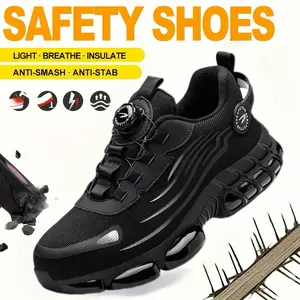 Men's Durable Work Sports Shoes - Breathable Mesh, Slip-Resistant EVA Sole, Steel Toe Protection, Casual Style, All-Season Comfort, Striped Design, Closed Insole, Elastic Band Closure Black Footwear Boy Worker Slip Work Boots