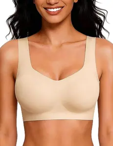 Posefree Women's Plain Seamless Wireless No-Underwire Pullover Full-Coverage T-Shirt Bralette with Wide Straps, Comfy Sleep Bra