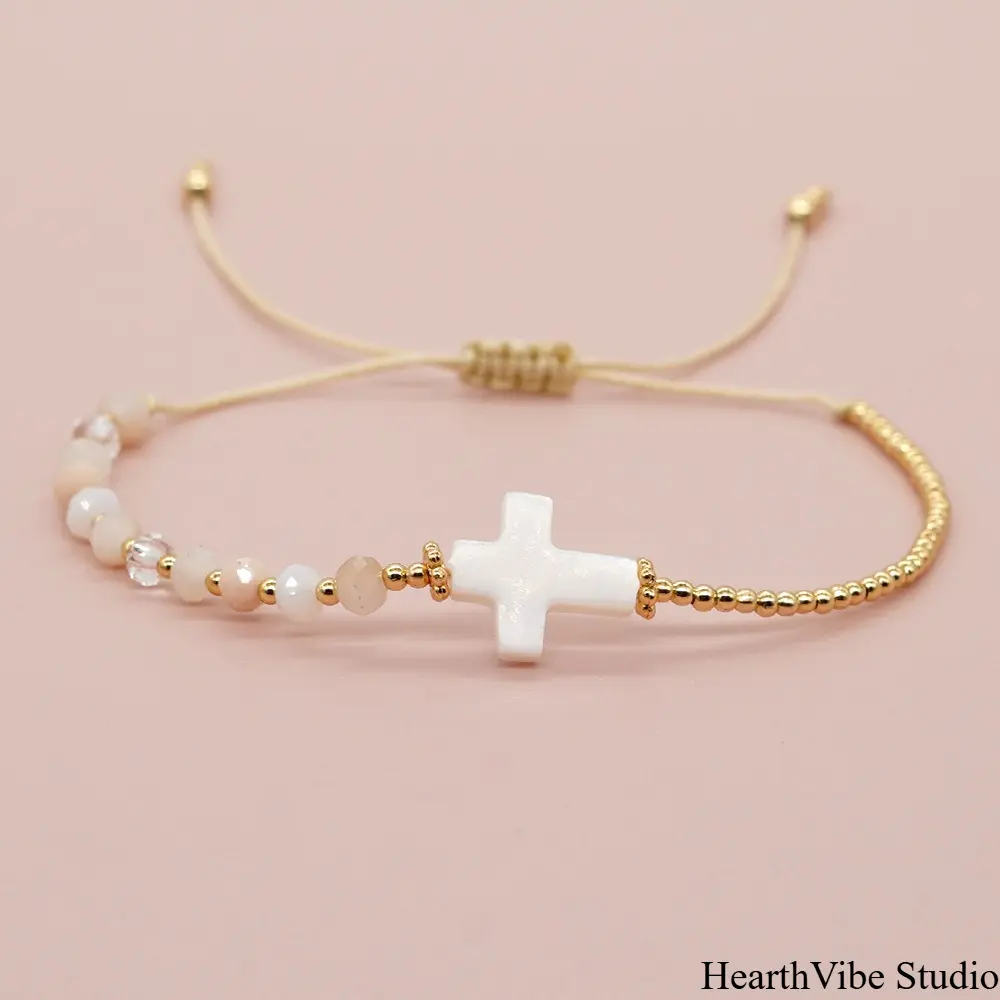 Beaded Sports Wristband, Unisex Boho Bracelet with Dainty Crystal Beads, Shell, Cross & Copper Accents, Beaded Bracelets