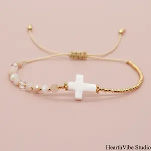 Women's Unisex Retro Bohemian Sports Wristband - Pretty Beaded Bracelet with Shell, Cross, Crystal Beads and Copper Accents,summervibes