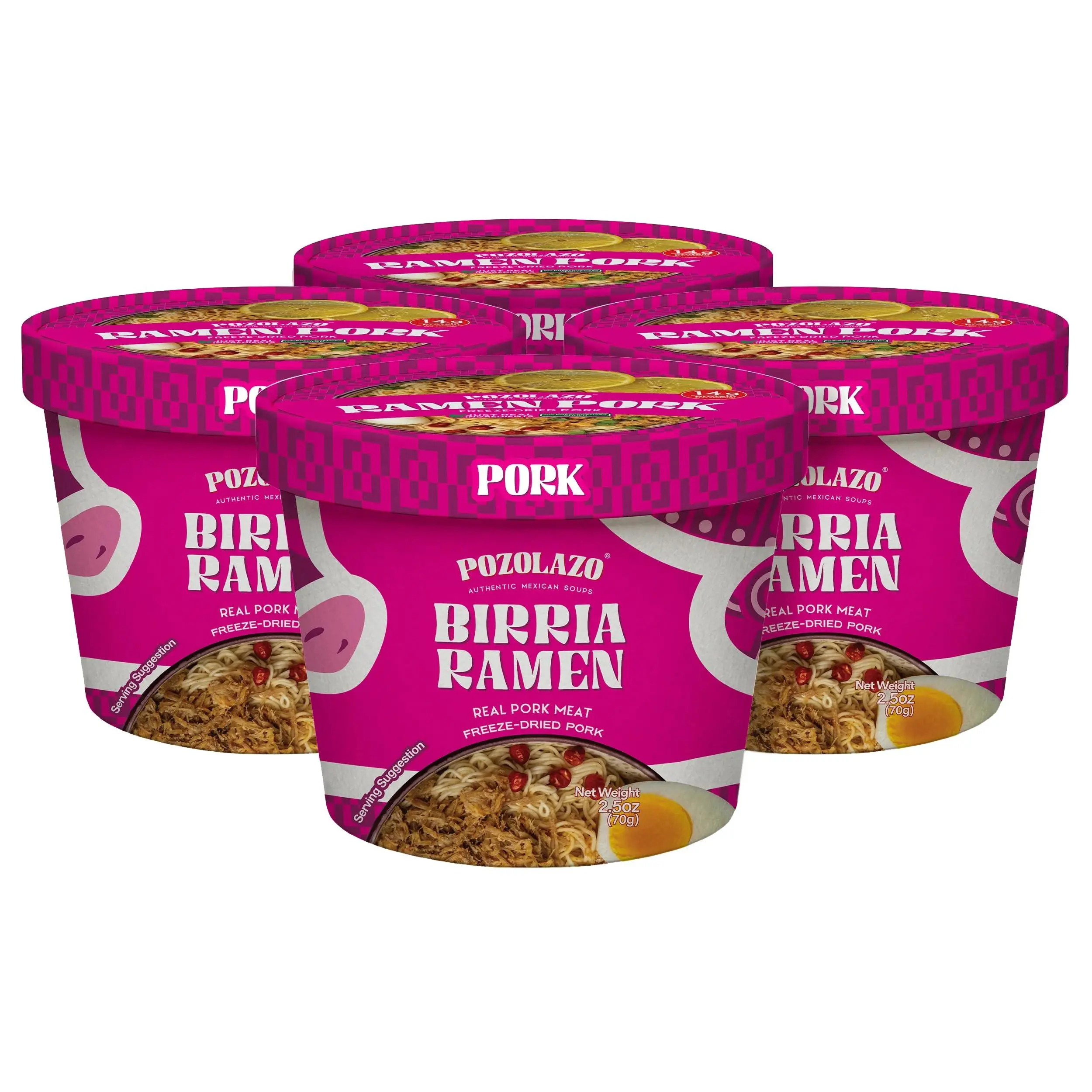 POZOLAZO Instant Birria Ramen Bowl with Freeze-Dried Pork, 4-Pack