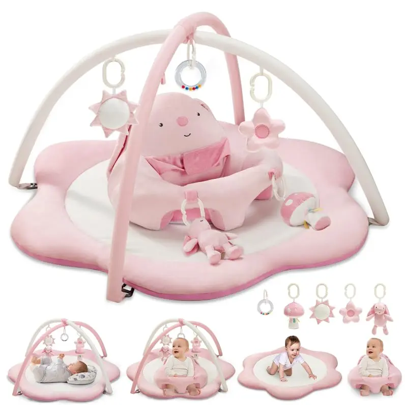 3-in-1 Baby Play Mat (0-18M) - Unisex Sit-Up Seat, Tummy Time Floor Activity Center, Playgym with 5 Detached Toys, Bunny & Flower Accents, Soft Safe, Ideal for Newborn Baby Stuff, Christmas & Mother's Day Gifts