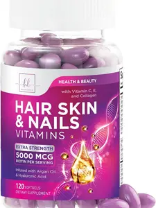 Hair, Skin & Nails Vitamins for Women - Biotin 5000mcg to Support Hair Growth with Argan Oil, Collagen & Hyaluronic Acid, Beautiful, Stronger Skin, Hair & Nails Vitamin Supplement - 120 Softgels Natural