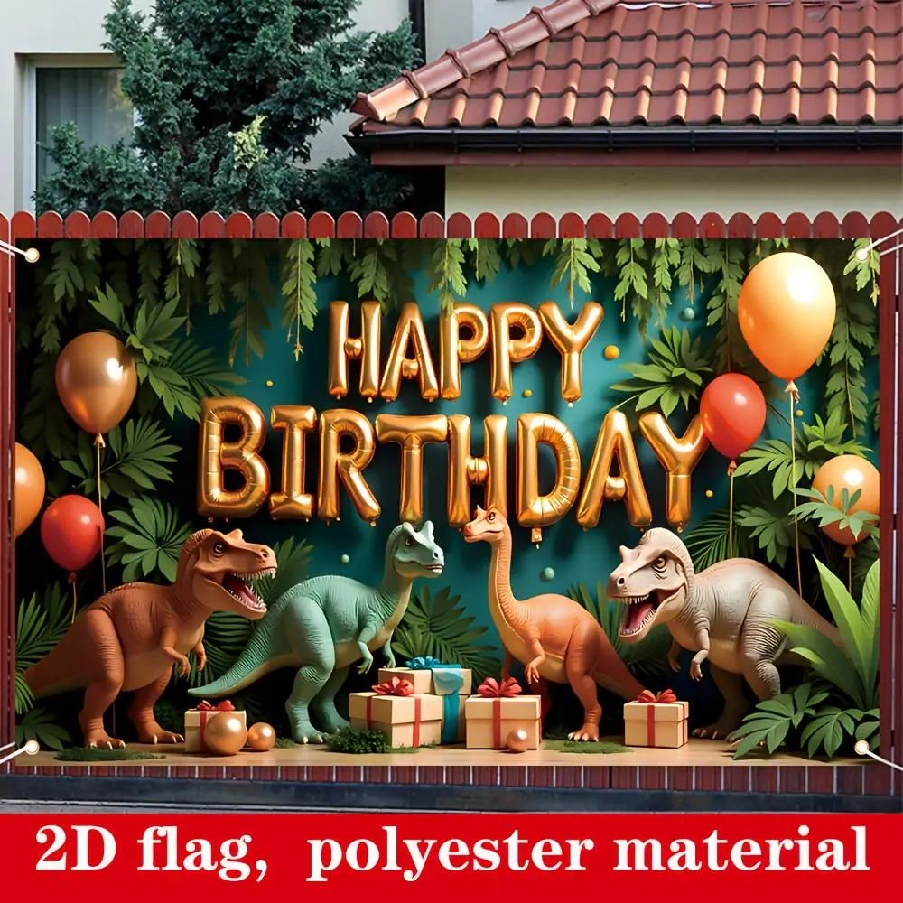 1PC Polyester Reusable 2D Flat Dinosaur-Themed Birthday Backdrop, Kids Party Decoration Banner, Baby First-Year Photo Background for Indoor & Outdoor Use, Happy Birthday, Photo Booth