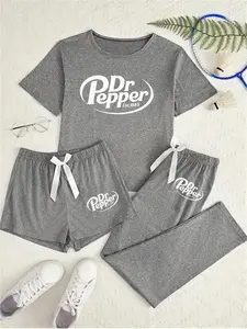 Women's Dr Pepper Print Sleepwear Set Loungewear, Cartoon Pattern Loose Fit Casual Pajamas, All Season Soft Comfortable Nightwear