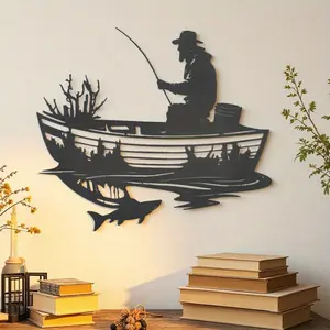 Metal Wall Sculpture Abstract Fishing Art Decor, Decorative Artwork, Unique Artwork Rustic Home Farmhouse Decoration for Living Room Bedroom Office Gift Ideas
