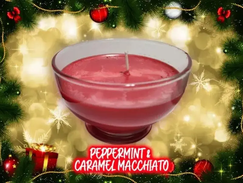 Peppermint & Caramel Macchiato Scented Candle in Glass Vessel