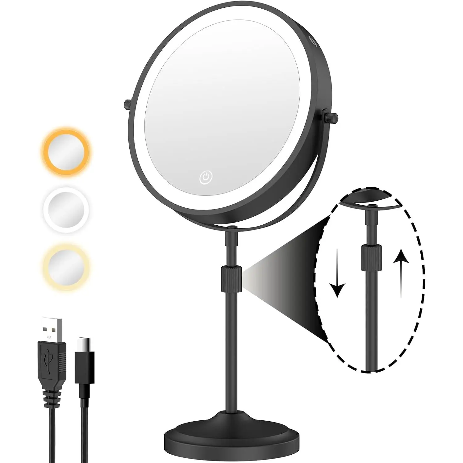 9" Lighted Makeup Mirror with 1X 10x Magnification, 5000mAh Rechargeable LED Vanity Mirror With Lights, 3 Lighting Colors, Dimmable Brightness Height Adjustable Black Cosmetic Mirror
