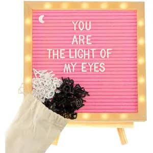 Light up Felt Letter Board Sign with LED Lights - 10 x 10in Changeable Message Board Wall Mounted with 470 Letters Tripod Stand for Birthday Housewarming Gifts Party Home Decor, Pink