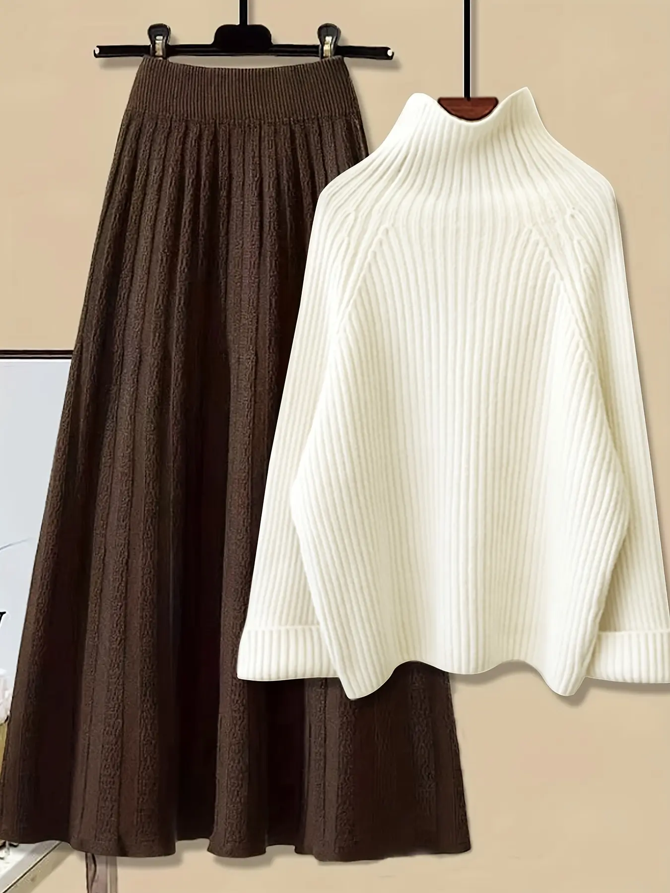 Women's High Neck Sweater Knit Dress Set, Two Piece Set Women, Casual Fall Winter, Simple Style Long Sleeve Top & Skirt Combo, Outfit Sets Women Clothes Sets