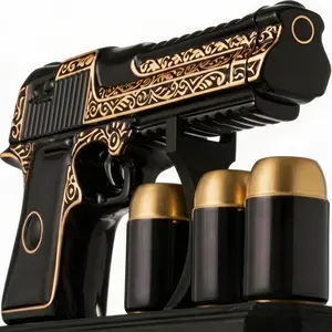 MERCURY CERAMIC Gun Shaped Whiskey Decanter Set 18 Oz with 3 Bullet Shot Glasses and Wooden Stand – Handmade Tequila Bottle, Liquor Dispenser for Home Bar Decor – Unique Elegant Birthday Gift for Dad Men Boyfriend Husband - Regalos para Papa Hombre Amigo