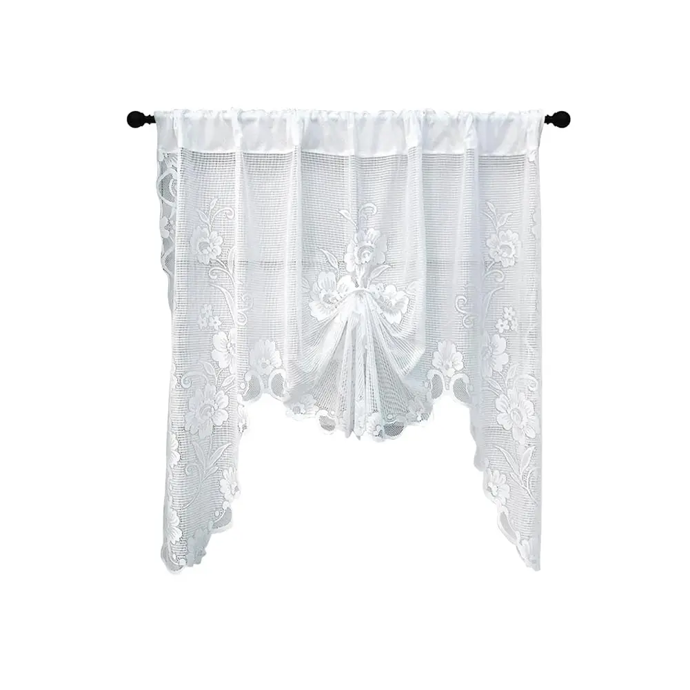 White Lace Semi Sheer Swag Curtains Valance for Small Windows, Floral Embroidered Sheer Kitchen Valance Curtain Tier Topper Window Treatments for Living Room, Doorway, Bathroom